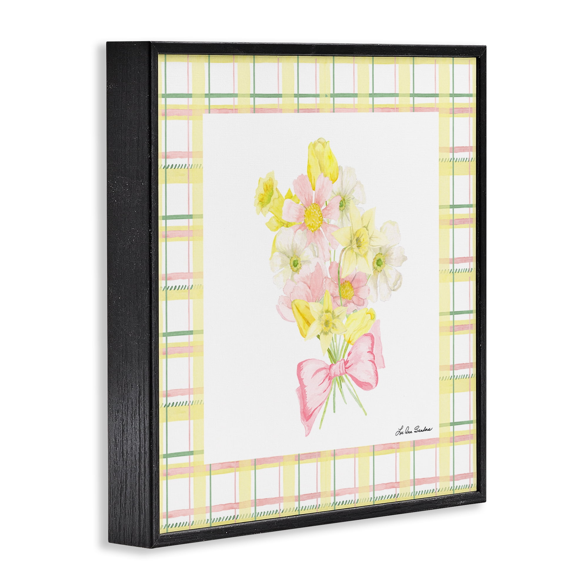 Spring Daffodils on Plaid Black Framed Giclee Art, design by Lee Ann Sanders