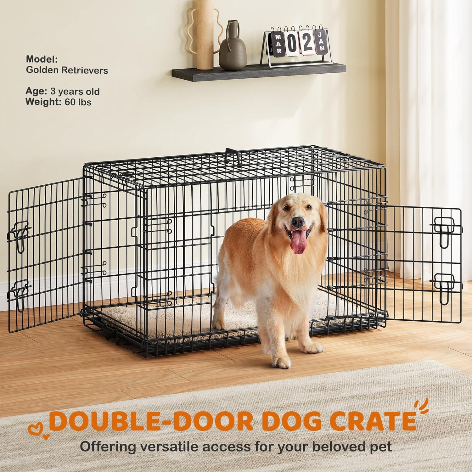 42 inch Double Door Dog Crate w/Divider for Puppy to Adult XL Collapsible Metal Crate with Removable Tray Wire Dog Kennel for Large Dogs Portable Travel Cage, Black
