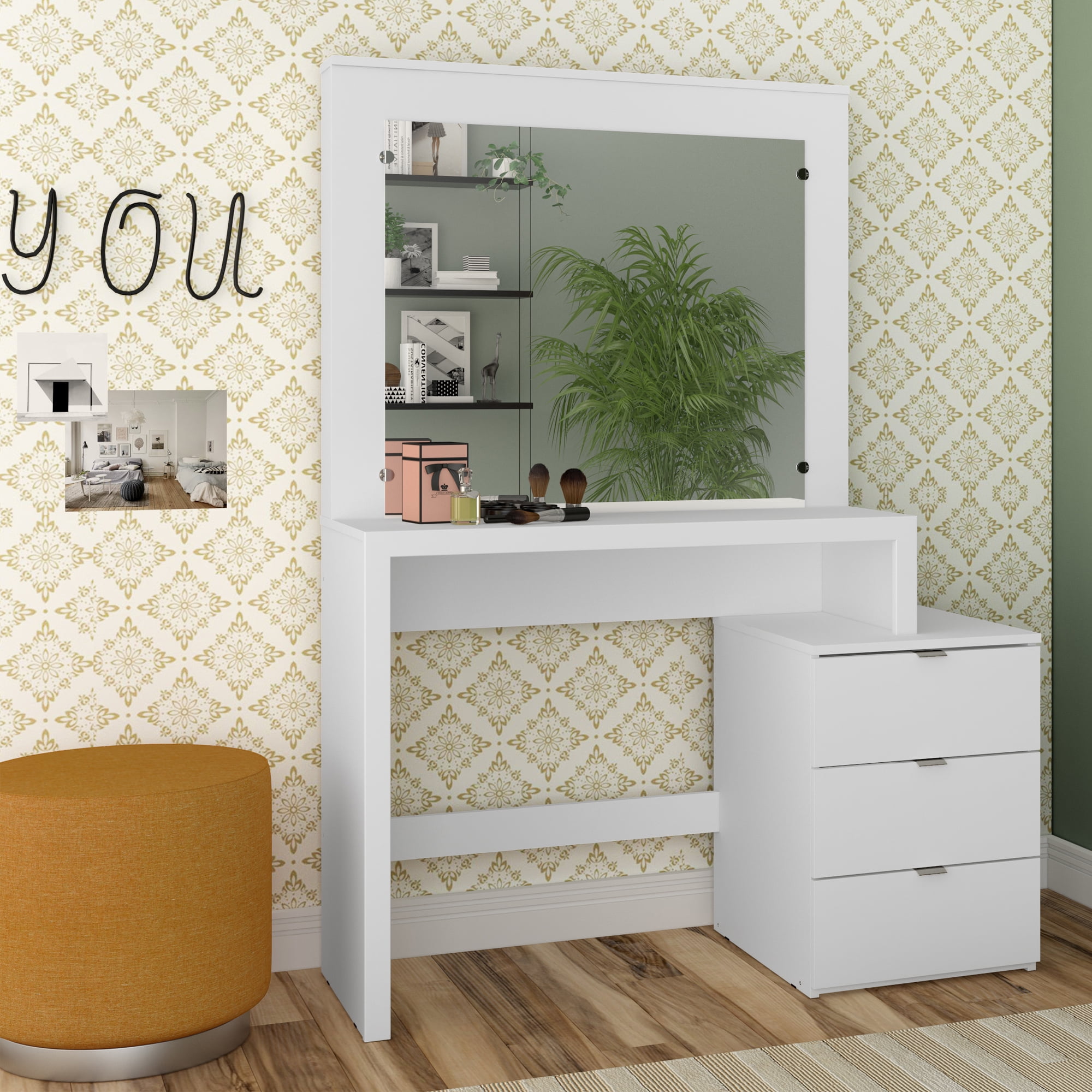 Boahaus Eleanor Modern Vanity Table with Mirror and 3 Drawers, White