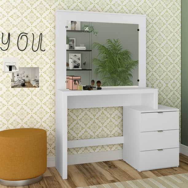 Boahaus Eleanor Modern Vanity Table With Mirror And 3 Drawers White Finish Walmart Com Walmart Com