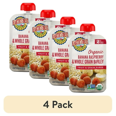 (4 pack) Earth's Best Organic Stage 2 Baby Food, Banana Raspberry Barley Fruit & Grain Puree, 3.5 oz Pouch