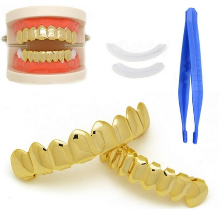 2Z 14K Gold Plated Grillz Top Bottom Shiny Hip Hop 8 Teeth Grillz Mouth Set for Your Teeth for Halloween Men and Women