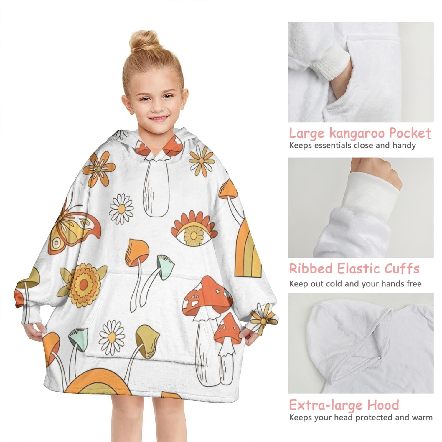 Red Mushroom Rainbow White Pattern Blanket Hoodies for Kids 6-13YR Oversize Wearable Blanket Hoodies for Boys Girls Teens