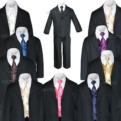 Teen Boys Formal Party Black 7pc Suits Set Extra Color Vest Tie Outfits 4T to 20 