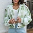 thumbnail image 2 of IROINNID Women's Jacket Shearling Jacket Turndown Lapel Plaid Long Sleeve Leisure Lattice Recreational Coat Tops, Green, 2 of 5