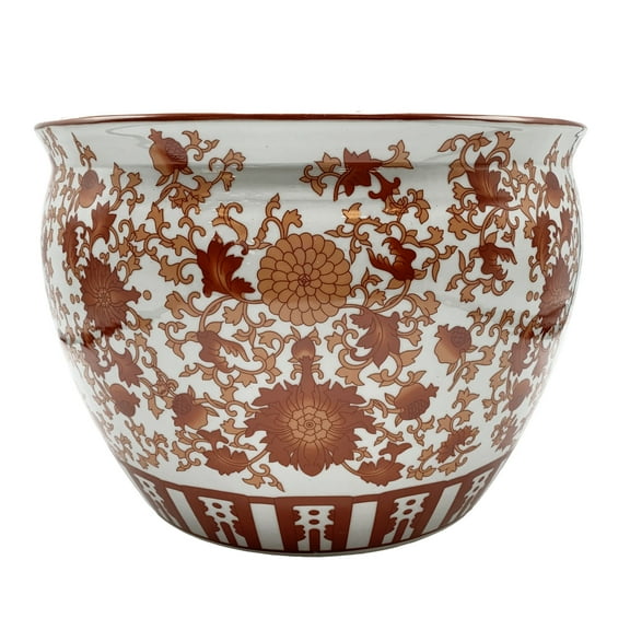Oriental Fish Bowl Red Coral Pattern (10"Dia - 8"H, Base 6.5"Dia, Opening 8"Dia) - Oriental Furniture Warehouse