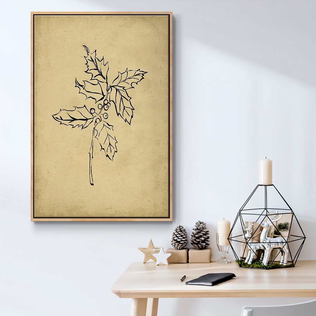 Holly Branch I - Framed Gallery Wrapped Holiday Canvas - 17 x 25 - Natural Wood Frame