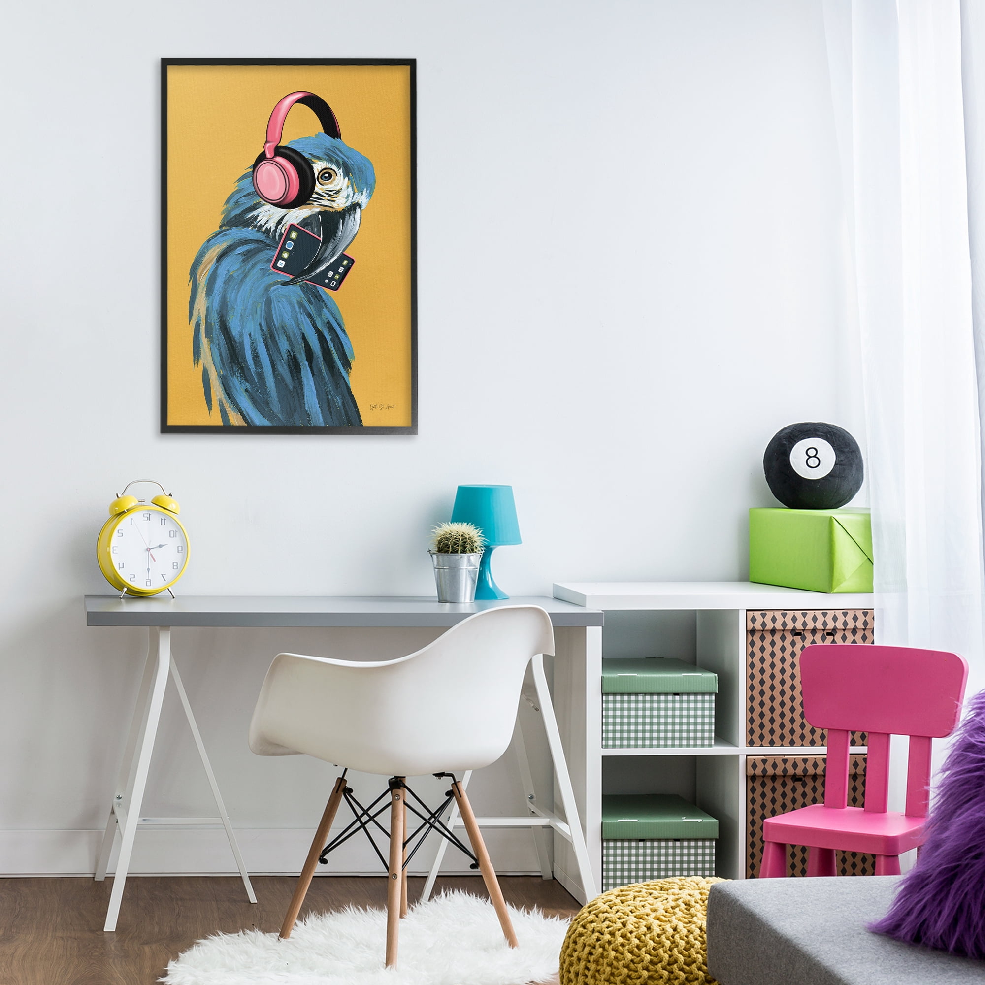 Stupell Industries Parrot Listening to Music Animals & Insects Painting Black Framed Art Print Wall Art, 20 x 30