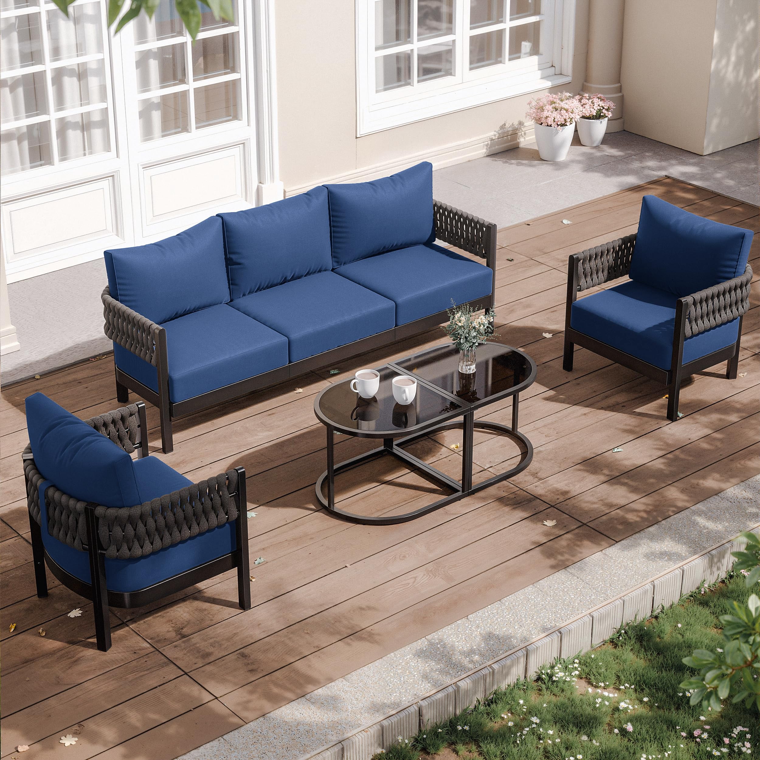 ALAULM Aluminum Patio Furniture Set 8 Pieces,Metal Outdoor Furniture with Modular Coffee Table,HDPE Rope Sectional Conversation Set w/5.9" Thick Cushions for Deck,Porch,Backyard