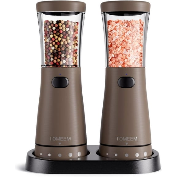 Tomeem Electric Salt and Pepper Grinder Set with Storage Base, Adjustable Coarseness, Stainless Steel White, 2 Pack