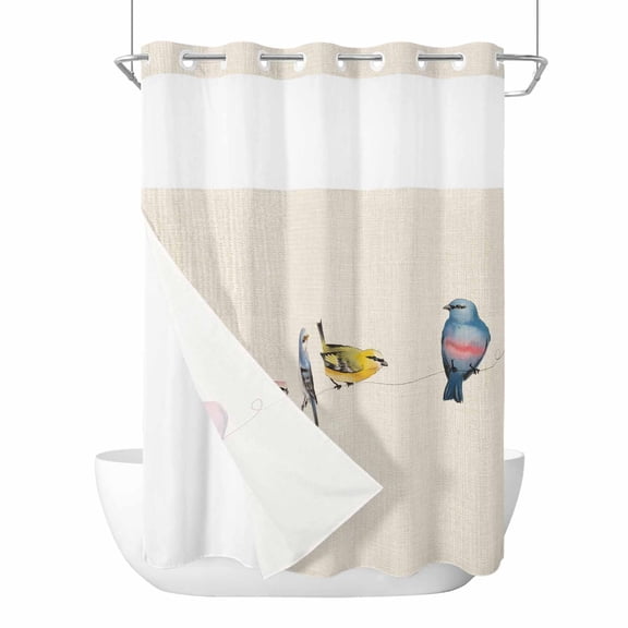 No Hook Watercolor Birds Shower Curtain with Snap in Liner Set, Spring Animal Country Beige Waterproof Fabric Bathroom Curtains with See Through Top Window, Hotel Style Extra Long 72 x 96 Inch
