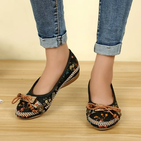 

HIBRO Spring Women Casual Shoes Ethnic Style Cotton Print Women Cloth Shoes Flat Knot Shoes