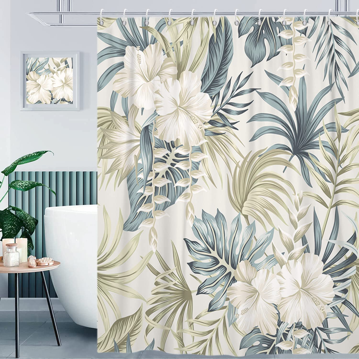Tropical Shower Curtain, Sage Green Botanical Palms Banana Leaf