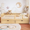 thumbnail image 3 of URTR Twin Size Montessori Platform Bed with Full-length Guardrails and 2 Drawers, Wooden Twin Low Profile Platform Bedframe with Cute Headboard for Bedroom, Natural, 3 of 9