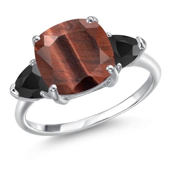 Gem Stone King 4.22 Ct Cushion Red Tiger Eye Black Onyx 10K White Gold Ring (Size 5)