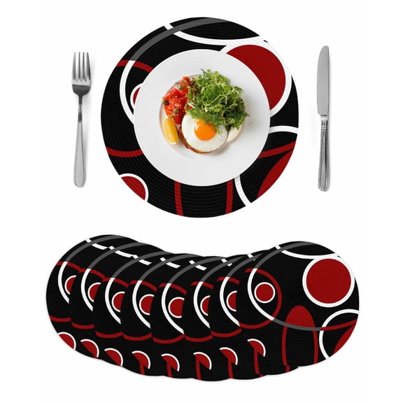 Black Red Round 15 Inch Placemats Set of 8, White Circle Geometric Abstract Texture HeatResistant Non Slip Place Mats for Dining Table, Wipeable Braided Kitchen Table Mats for Housewarming