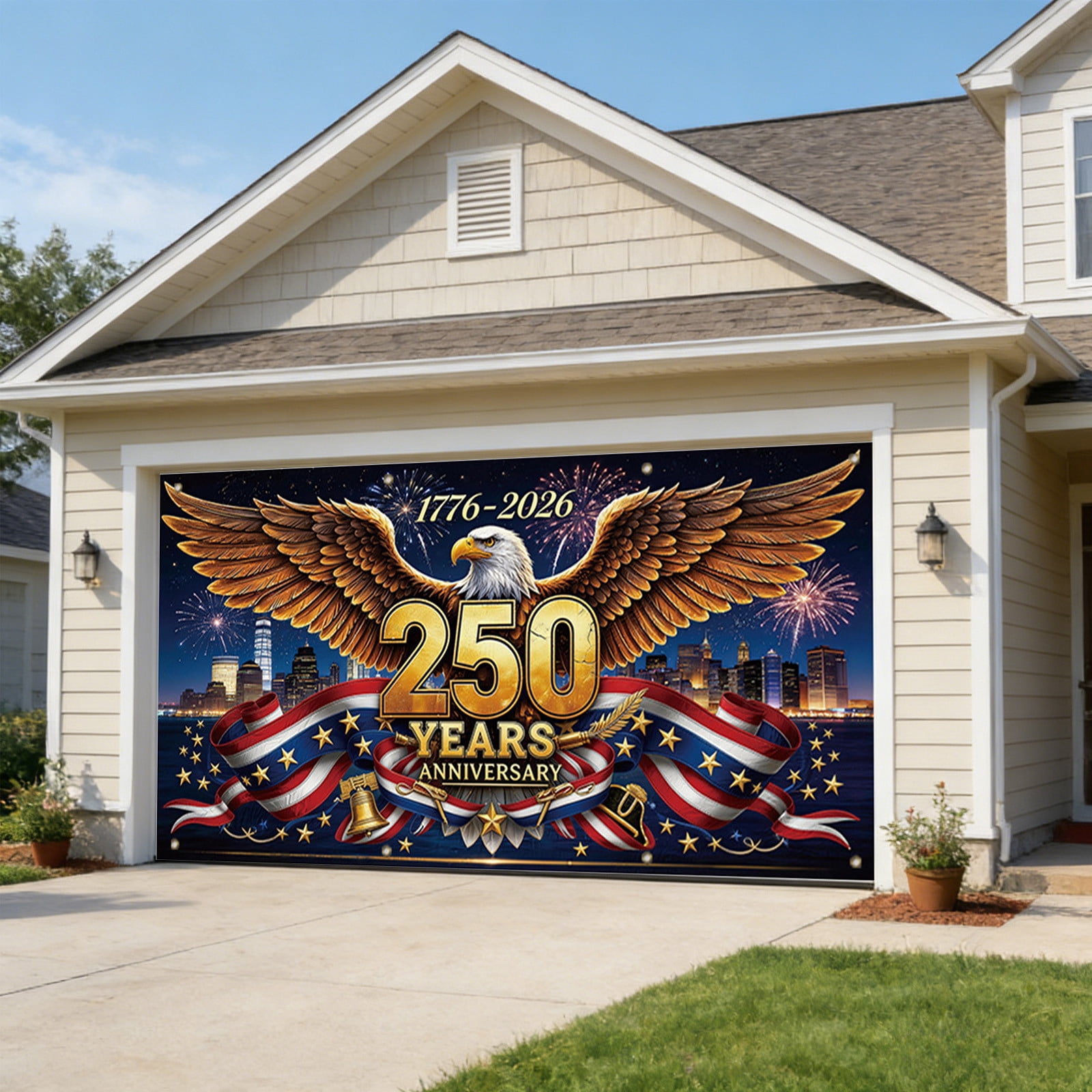 157.4X72.8 In 250Th Usa Anniversary Patriotic Garage Door Cover Bird Flag 4Th Of July Decor