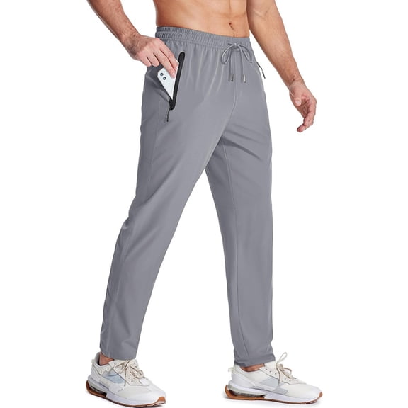 CharmCyan Mens Lightweight Athletic Joggers with Zipper Pockets Quick Dry Stretch Workout Pants for Running Training Gym Light Gray 2XL
