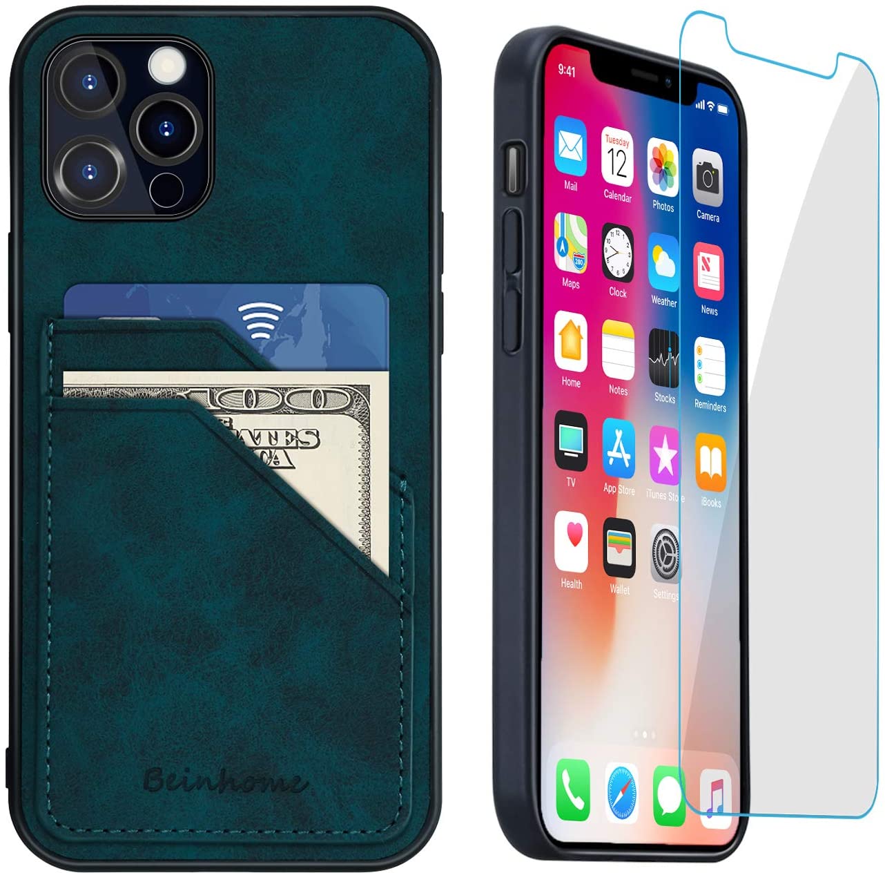 iPhone 12 Wallet Case iPhone 12 Pro Wallet Case, Leather Wallet Case Slim Credit Card Slot Holder Case with [Tempered Glass Screen Protector], Wallet Phone Case Compatible with iPhone 12/12 Pro - image 1 of 3
