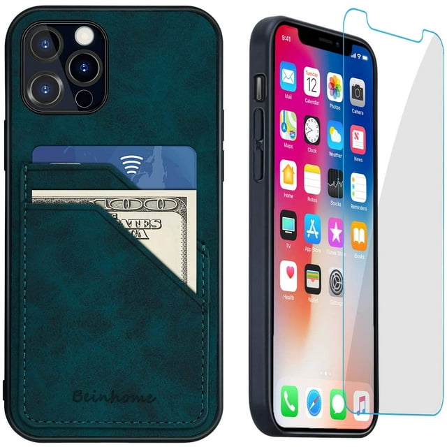 iPhone 12 Wallet Case iPhone 12 Pro Wallet Case, Leather Wallet Case Slim Credit Card Slot Holder Case with [Tempered Glass Screen Protector], Wallet Phone Case Compatible with iPhone 12/12 Pro