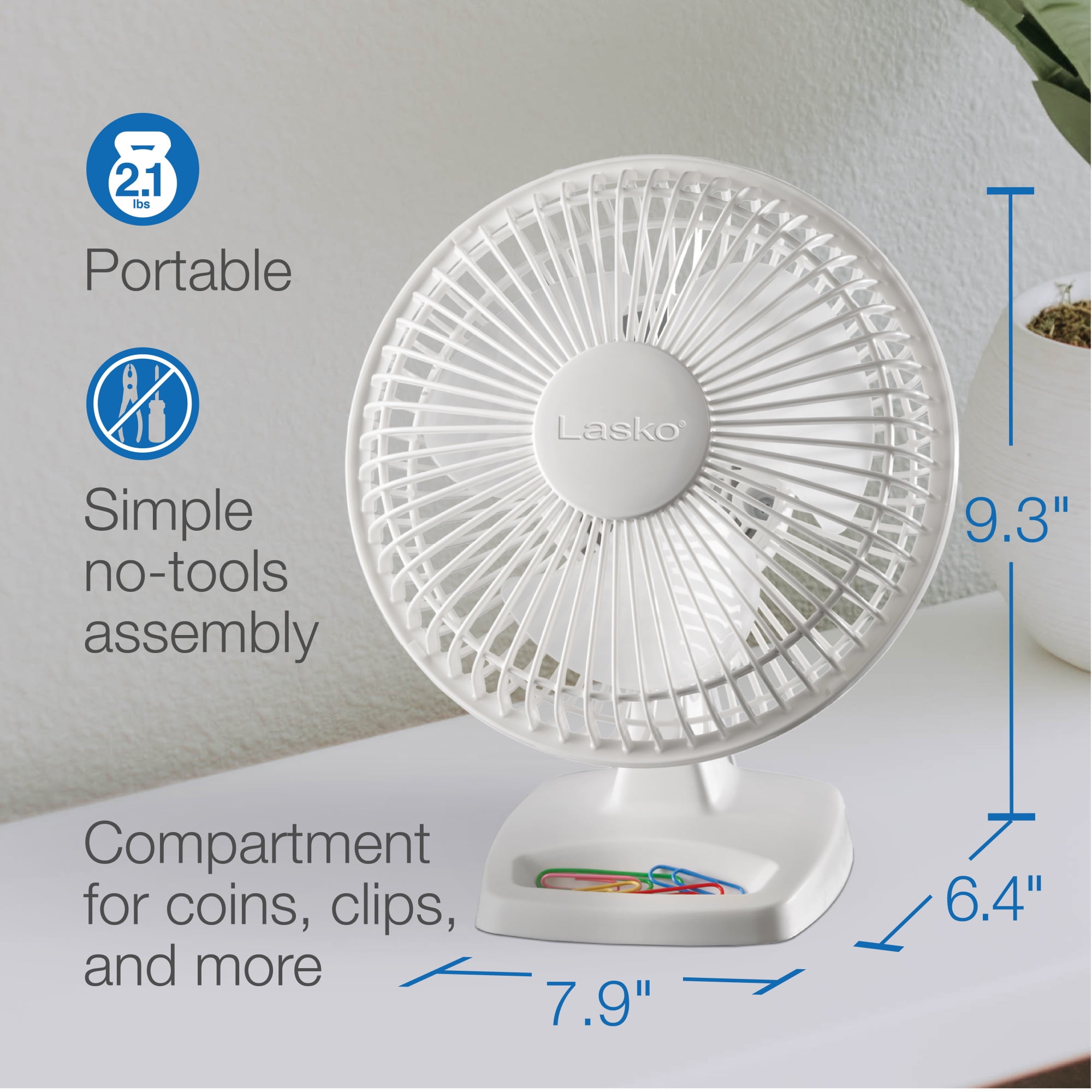 Lasko 6" Personal 2-Speed Table Fan with Storage Tray, White, 2002W