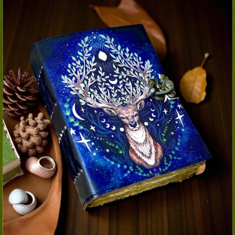 Handmade Leather Celestial Deer Journal, 5x7” Vintage Notebook with 200 Handmade Pages & Antique Clasp – Cosmic Nature Writing Diary