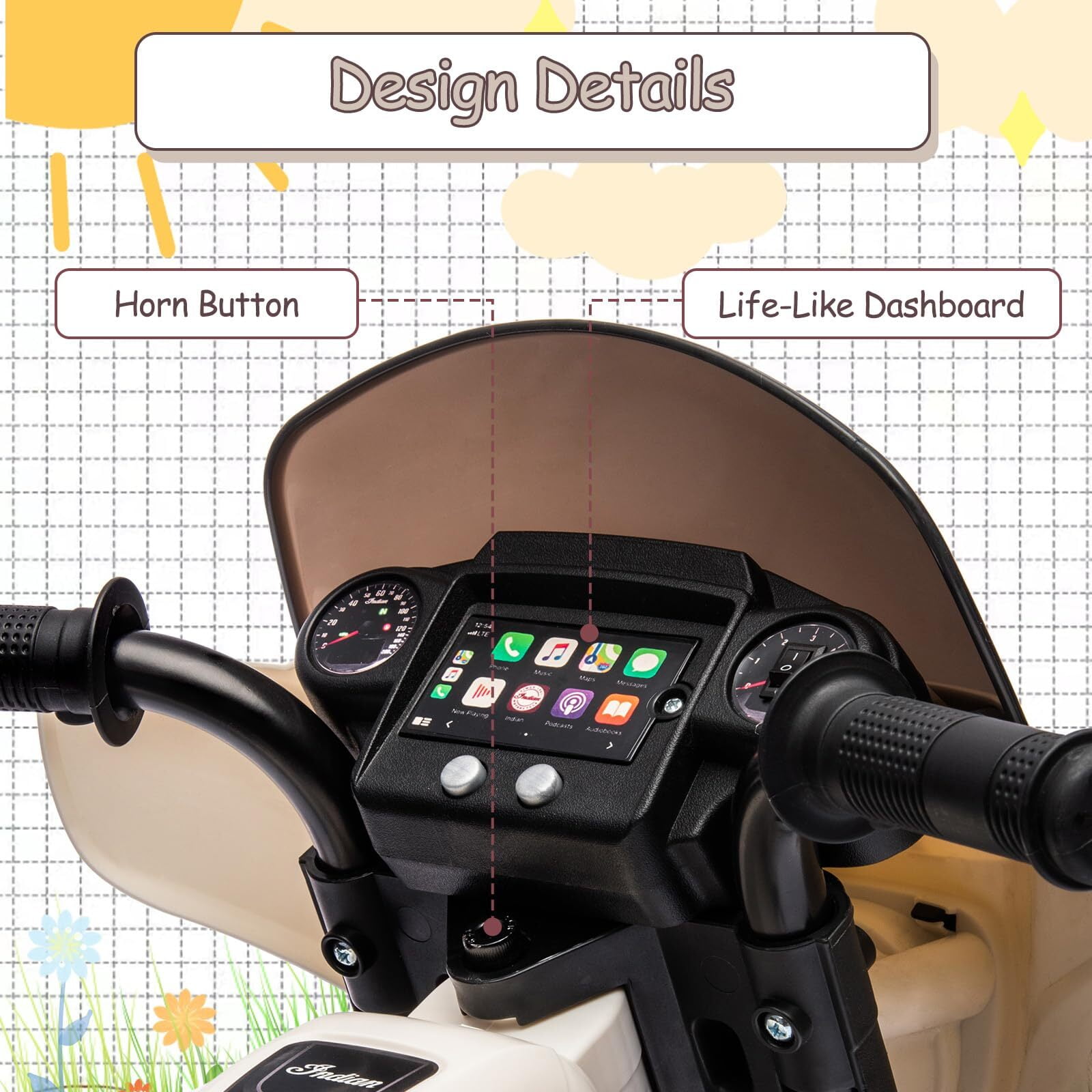 Kids Ride On Motorcycle, Licensed Indian 6V Ride on Toy Electric Motorcycle with USB, AUX，Music and Headlight for Toddler Boys and Girls