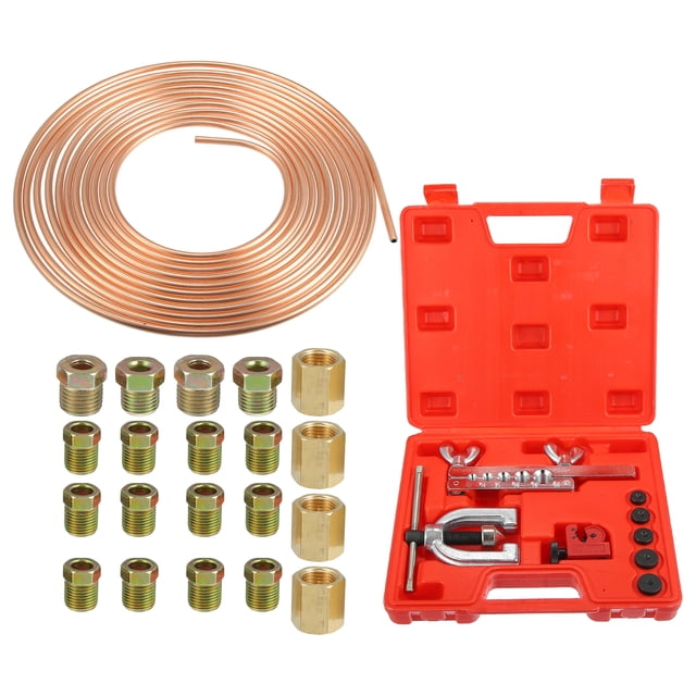 Unique Bargains Kit de Tuyauterie de Ligne de Frein OD 25 Pieds de 1/4 Pouce Revêtement en Cuivre avec 16 Raccords et Kit d'Outils de Fente Simple