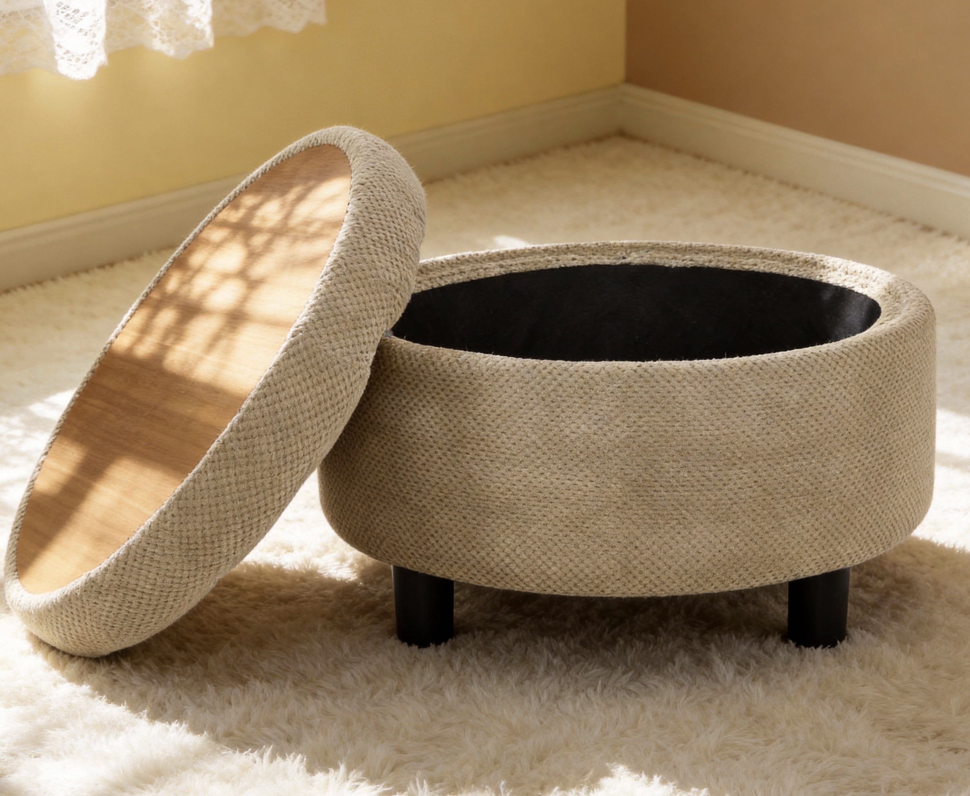 25 Inch Round Storage Ottoman with Removable Wooden Tray, Tufted Fabric Coffee Table with Hidden Storage, Upholstered Footstool for Living Room, Bedroom, Camel