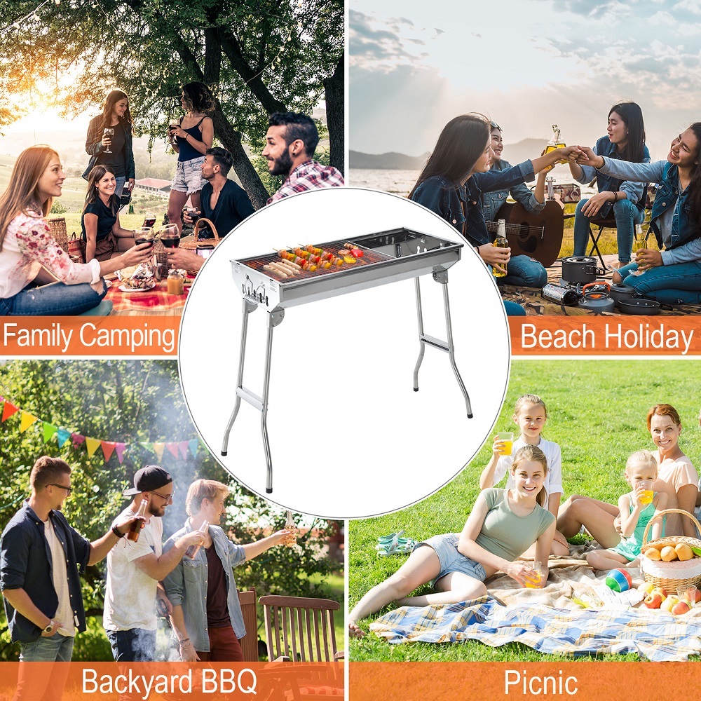 Charcoal BBQ Grill Outdoor Grill, SEGMART 28" Portable BBQ Charcoal Grill Lightweight BBQ Grill, Small Portable Charcoal Grill w/ Handle & Adjustable Grate, Stainless Steel, Easy Clean, Silver, H390 - image 4 of 12