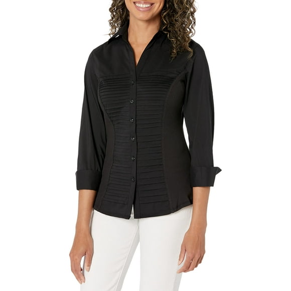 Zac & Rachel Women's 3/4 Cuff Sleeve Button Down Top with Ribbed Knit Inserts for a Comfortable Fit, Black