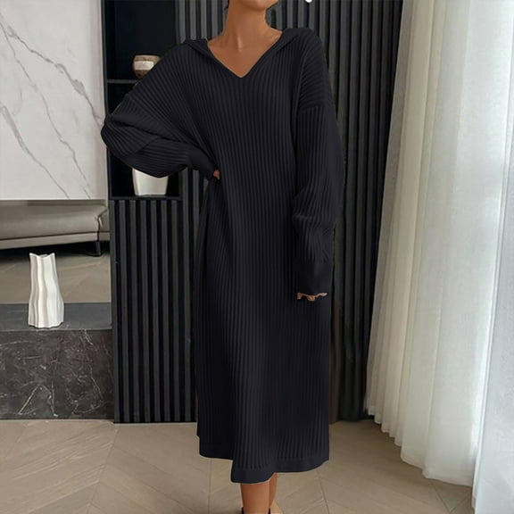 OSFVNOXV Long Sweater Dress for Women with Hood Fall Trendy Knit Shirt Ribbed Tunic Maxi Dress Sleepwear Lounegwear