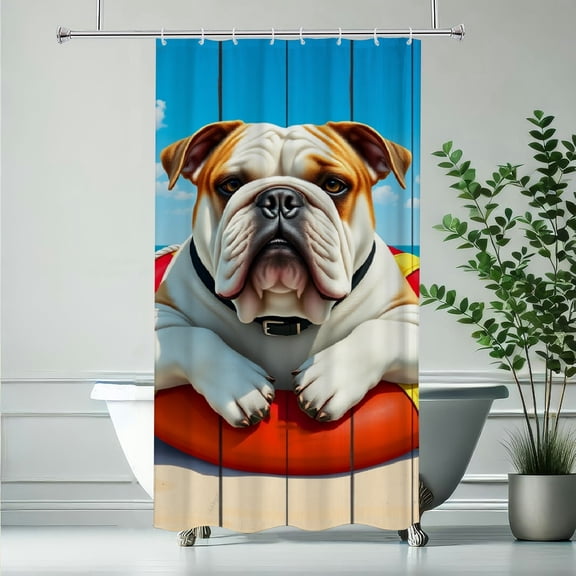 RKSupls Waterproof Shower Curtain, Cute Bulldog Beach Lifebuoy Nautical Polyester Shower Curtain with Hooks for Chic Elegant Home Bathtub Bathroom Decor Washable Curtains