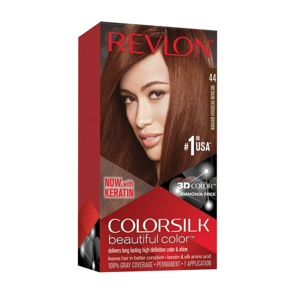 Revlon Colorsilk Beautiful Color, Permanent Hair Dye with Keratin, 100% Gray Coverage, Ammonia Free, 44 Medium Reddish Brown