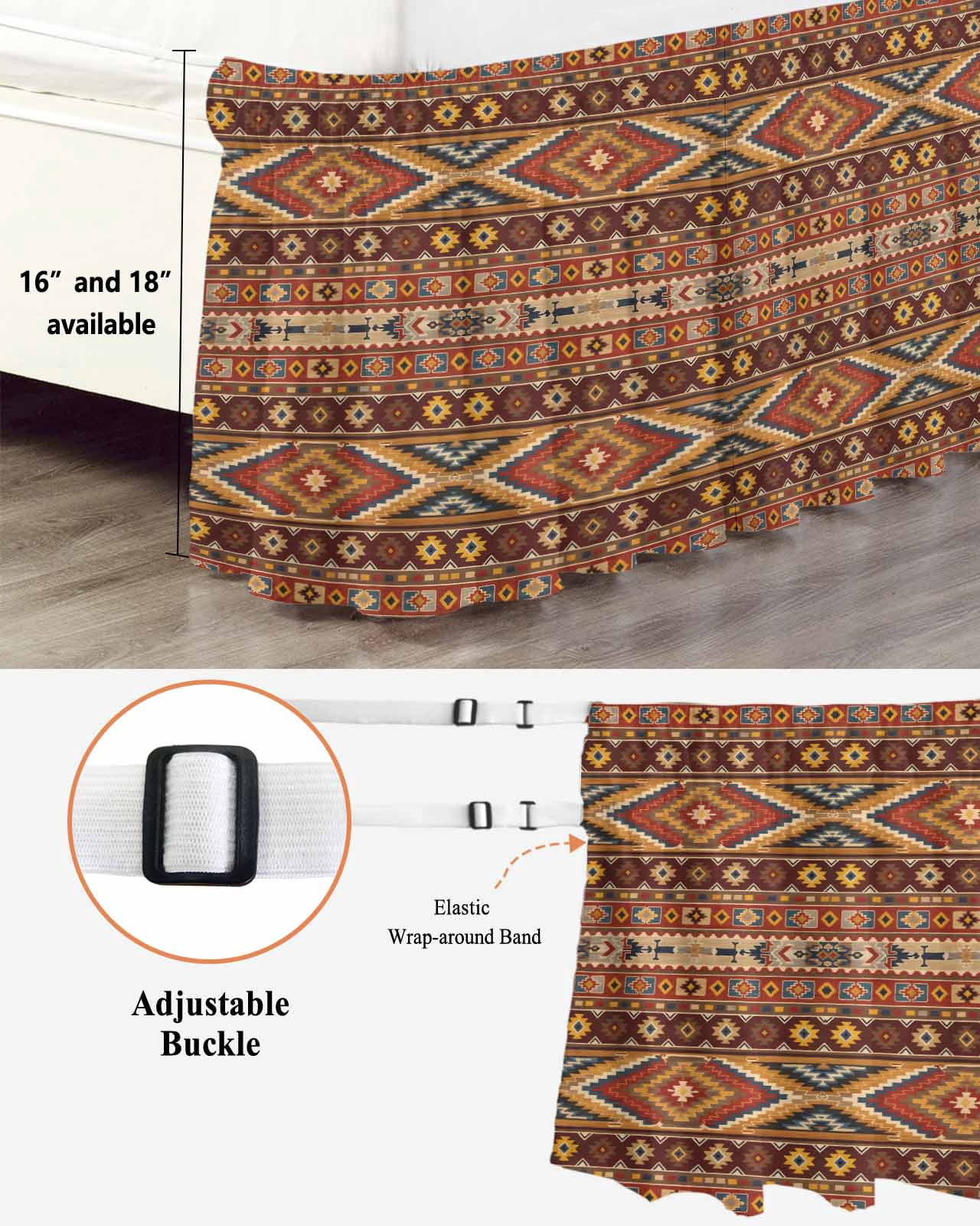 Brown Southwest Aztec Wrap Around Bed Skirts for Queen Bed 18" Drop,Bed Skirt with Adjustable Elastic Belt Dust Ruffle Bed Valance for Bedroom Hotel Luxury Farmhouse Vintage Geometric Bed Frame Cover