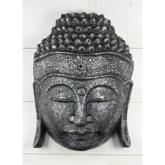 12" Wooden Wall Mask Serene Silver Buddha Head Statue Hand Carved Sculpture Handmade Figurine Gift Home Decor Accent Handcrafted Wall Hanging Decoration
