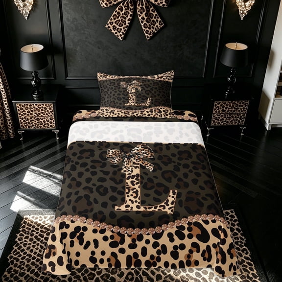 meiyoeat Leopard Print Letter A Twin Sheets for Girls, Bow Diamond Bedding, Brown Black, 3 Pieces, 1 Flat Sheet, 1 Fitted Sheet and 1 Pillowcase