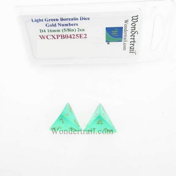 Light Green Borealis Dice with Gold Numbers D4 Aprox 16mm (5/8in) Pack of 2 Wondertrail