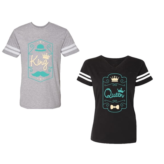 King Queen Pentagon Emerald Gold Unisex Couple Matching Cotton Jersey style T-Shirt Contrasting stripes on sleeves (Men Heather / Women Black) (Men S / Women S)