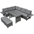 thumbnail image 3 of 5-Piece Outdoor Patio Rattan Sofa Set, L-Shaped Sectional PE Wicker Garden Furniture Set with 2 Extendable Side Tables, Dining Table and Washable Covers for Backyard Poolside Indoor, Gray, 3 of 7