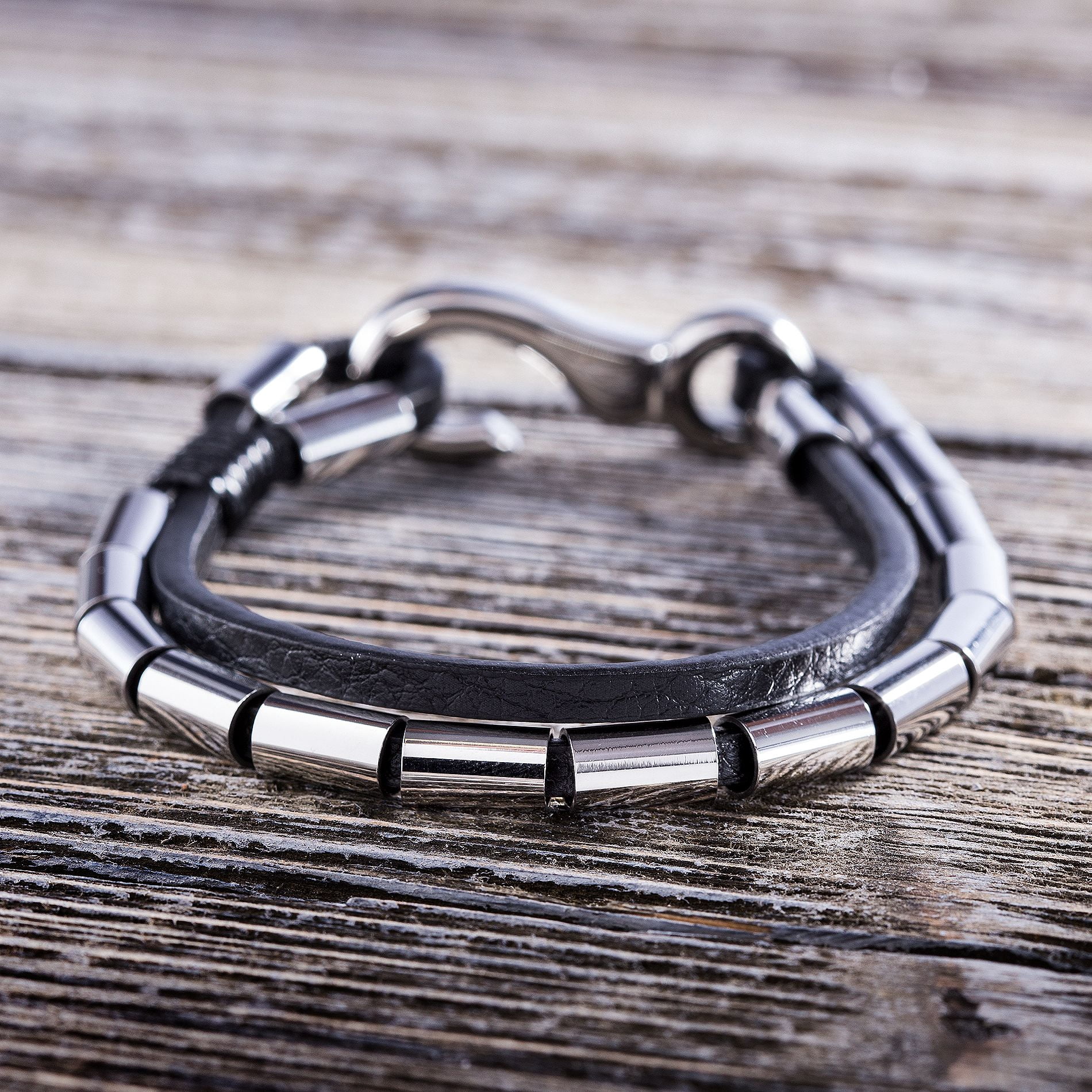 Mens Polished Double Stranded Black Leather Link Bracelet