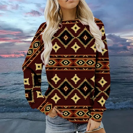 

Aueoeo Comfy Clothes for Women Oversized for Women Sweatshirt Women Autumn and Winter Casual Folk-Custom Printed Crew Neck Long Sleeve Pullover Blouse Sweatshirt Tops