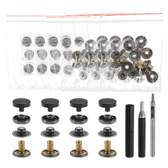 Uxcell 24 Set Leather Snap Fasteners Kit 10mm Metal Button Snaps Press Studs Leather Rivets Snaps with 3 Setter Tools, Black