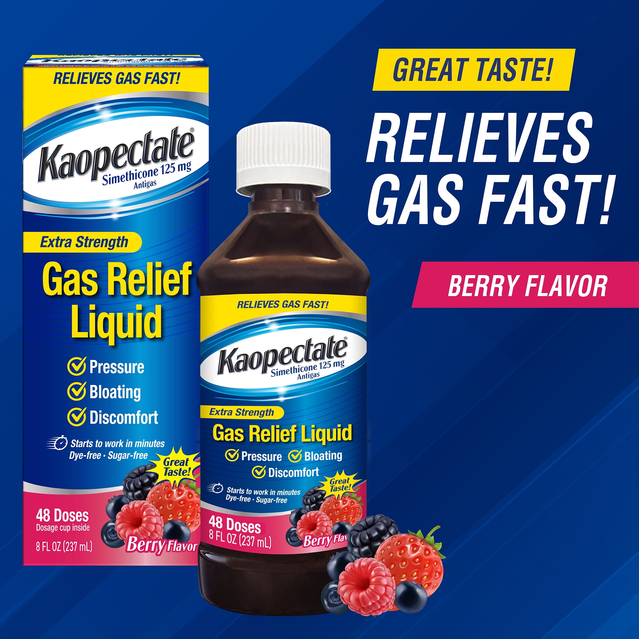 Kaopectate Extra Strength Gas and Indigestion Relief Liquid, Mixed Berry, Simethicone 125 mg, 8 oz