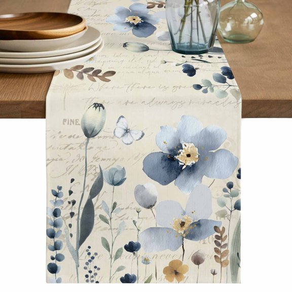 Table Runner 90 Inches Long for Kitchen Dining, Spring Blue Floral Dresser Scarf Farmhouse, Dining Table Decorations for Wedding/Parties, Vintage Garden Wildflowers Botanical 13 x 90 In