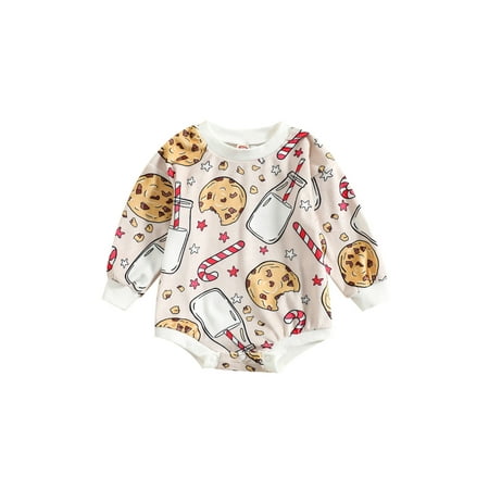 

AMILIEe Autumn Baby Girls Boys Christmas Romper Biscuits Milk Bottle Print Round Neck Long Sleeve Jumpsuits