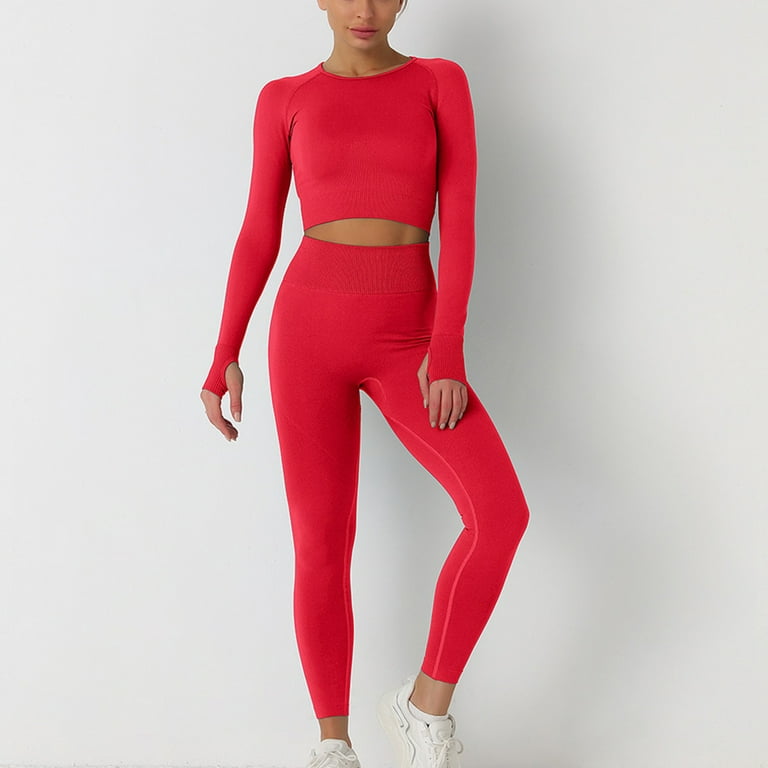 safuny Women's Workout Sets Yoga Outfits 2Pc Spring Autumn Solid Elastic  Waist Pants Fashion Tracksuit Long Sleeve Round Neck Tops Casual Relaxed  Red S 