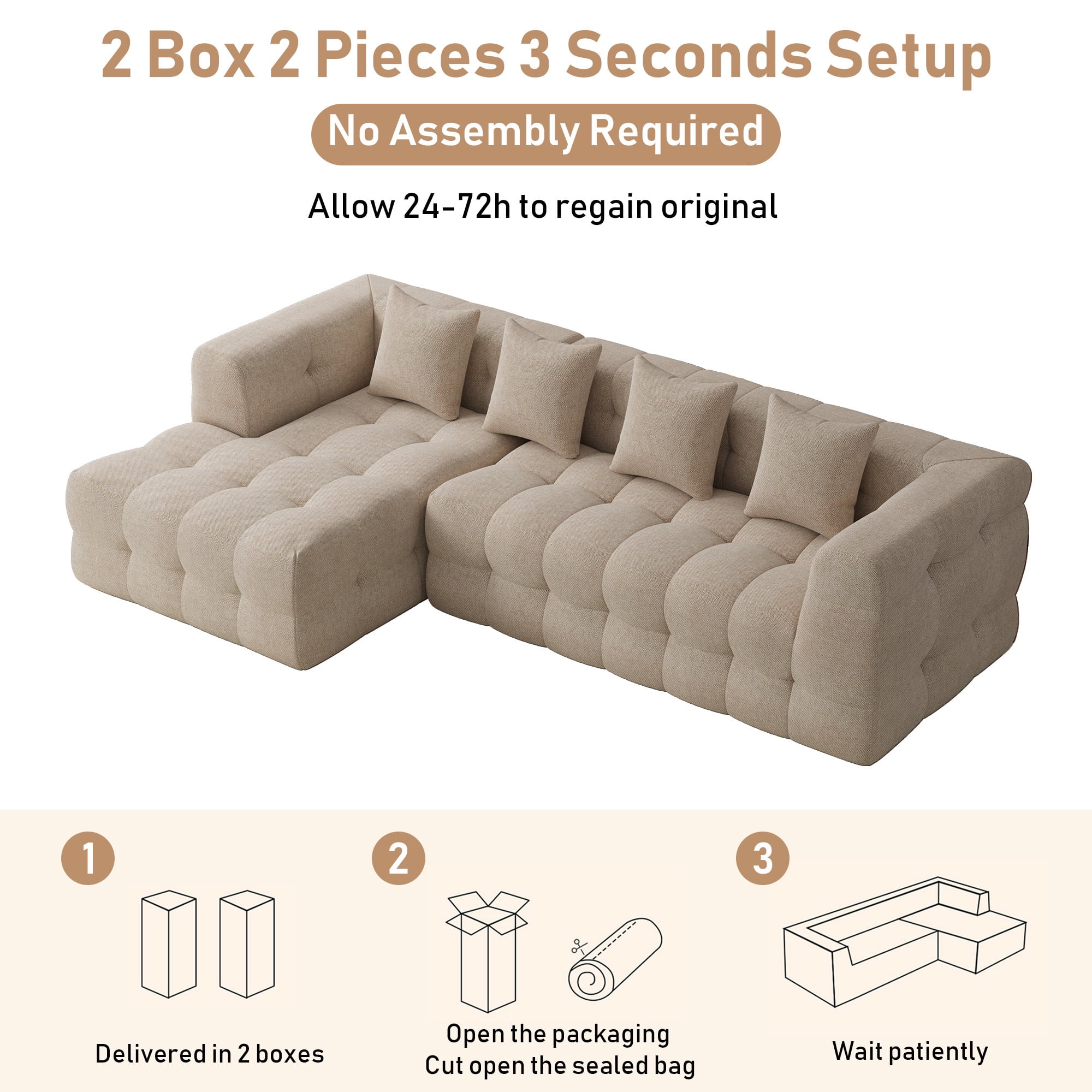 Wiilayok 120" Boneless Oversized Cloud Couch, Left Facing L-Shaped Chenille Sectional Sofa with Chaise Lounge, Deep Seat Upholstered Living Room Sofa with 4 Pillows, No Assembly, Light Brown