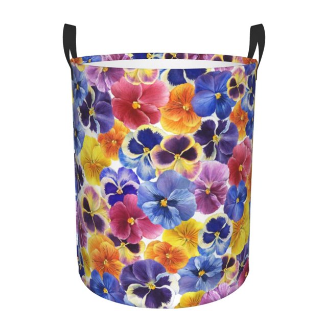 Balery The Garden Tricolor Pansy Flower Cesta de ropa redonda con asas, impermeable, independiente, para ropa, juguetes, dormitorio y familia-Medium