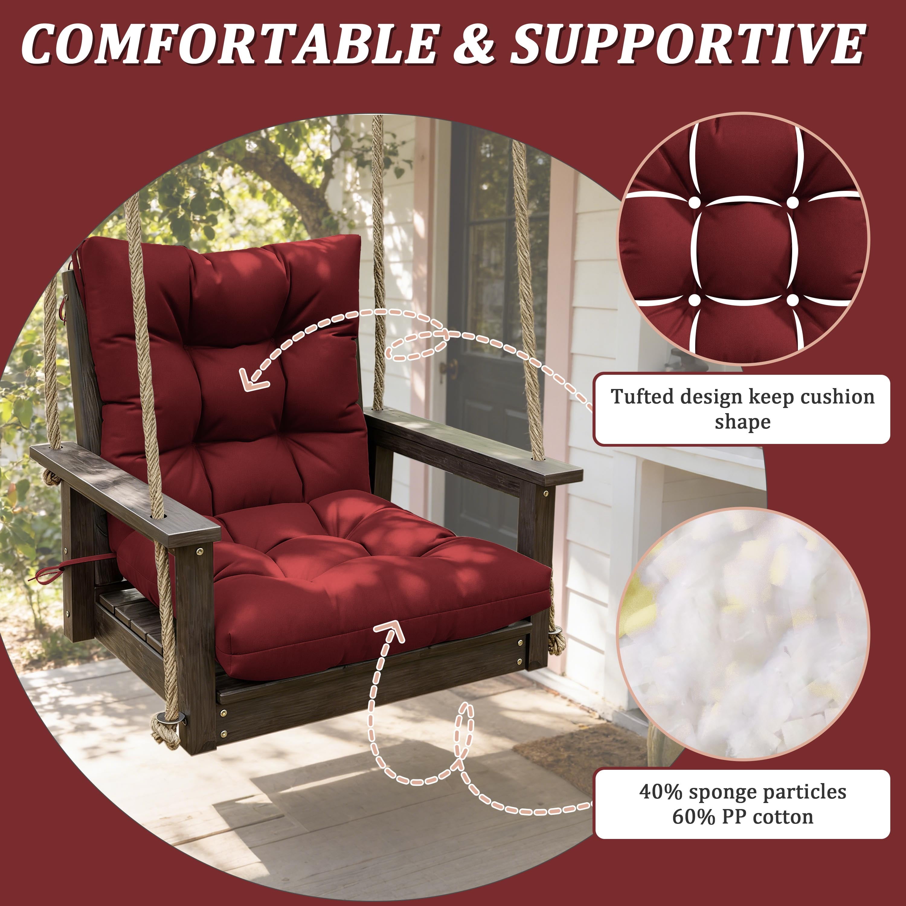 Kimunuk Outdoor Chair Cushions Set of 2, 42 x 21 x 5 in Non Slip Porch Swing Cushion Seat Back Cushions with Ties for Indoor Patio Rocking Chair, Burgundy